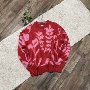 Topshop 4-6 Oversized Red Pink Floral Brushed Knit Wool Blend Pullover Sweater